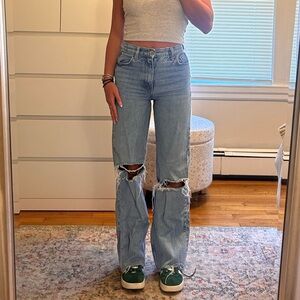 Zara Wide Leg Mid Rise Distressed Knee Jean